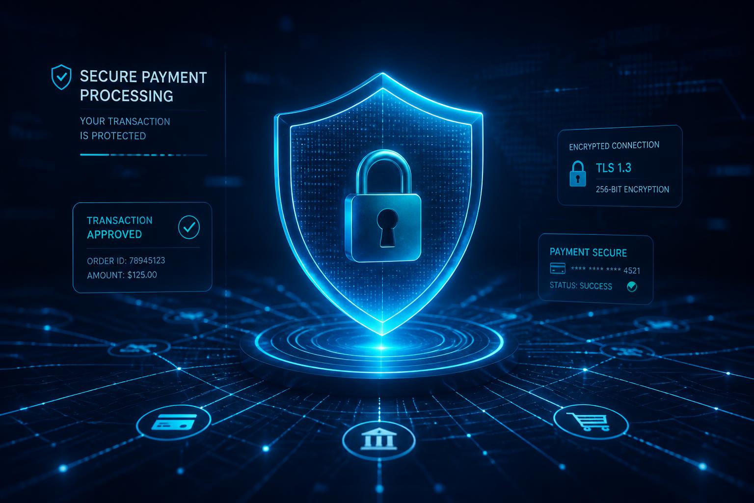 Secure payment processing protected by encryption and cybersecurity controls